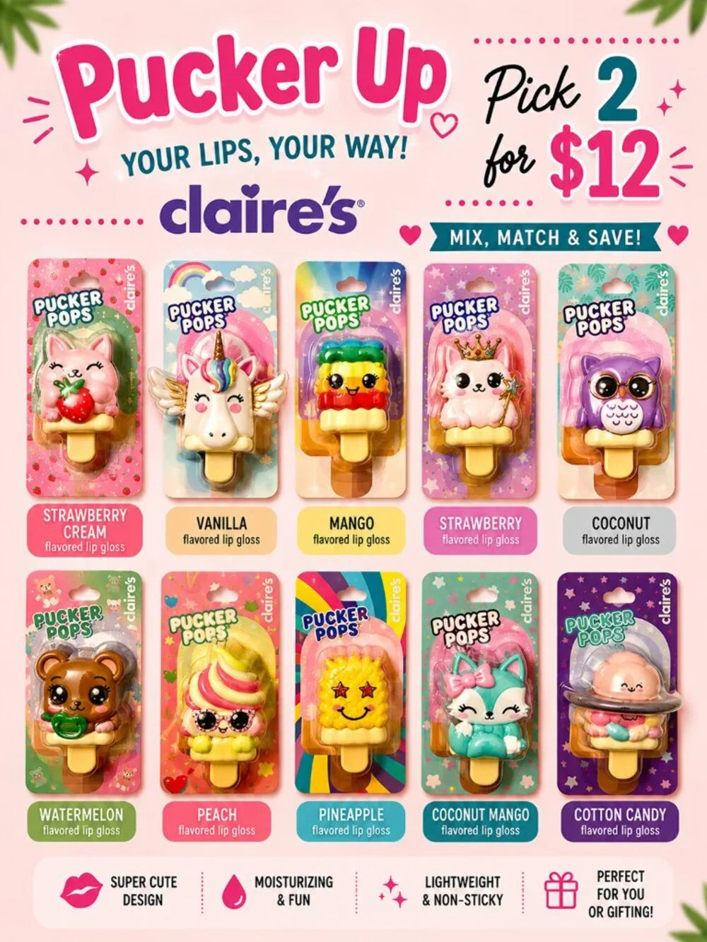 Claire's Pucker Pops Lip Gloss NWT 💋 PICK ANY 2 FOR $12! Sealed Flavored Lip Gl